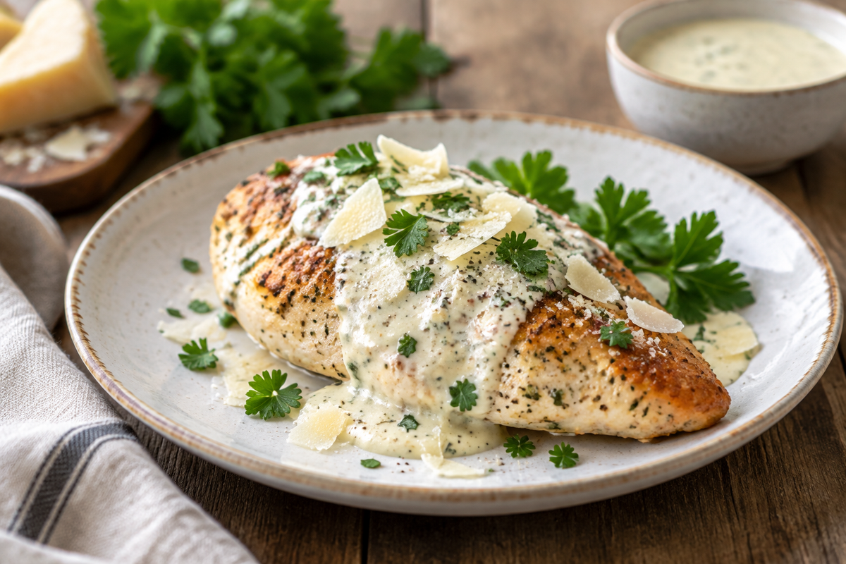 Baked Caesar chicken topped with creamy Parmesan sauce and parsley, plated and ready to serve