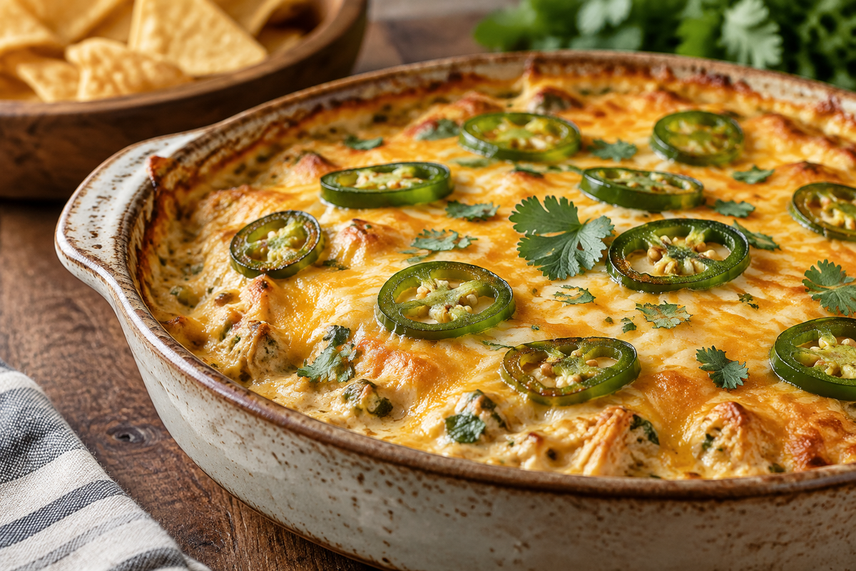 baked jalapeno chicken dip topped with melted cheese and jalapenos in a ceramic dish