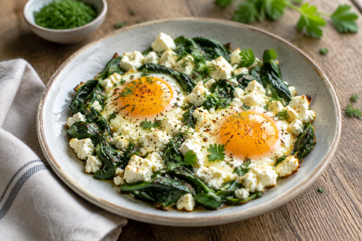 Baked feta eggs breakfast with spinach and herbs, high protein healthy breakfast dish