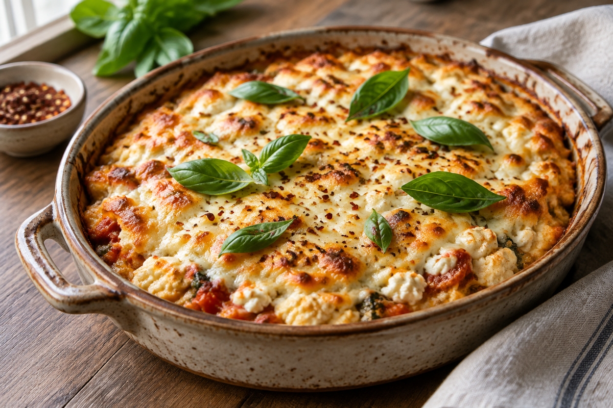 Baked pizza casserole with cottage cheese topped with melted cheese and fresh basil