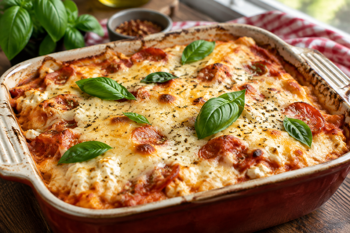 Baked pizza cottage cheese casserole with melted cheese and fresh basil garnish