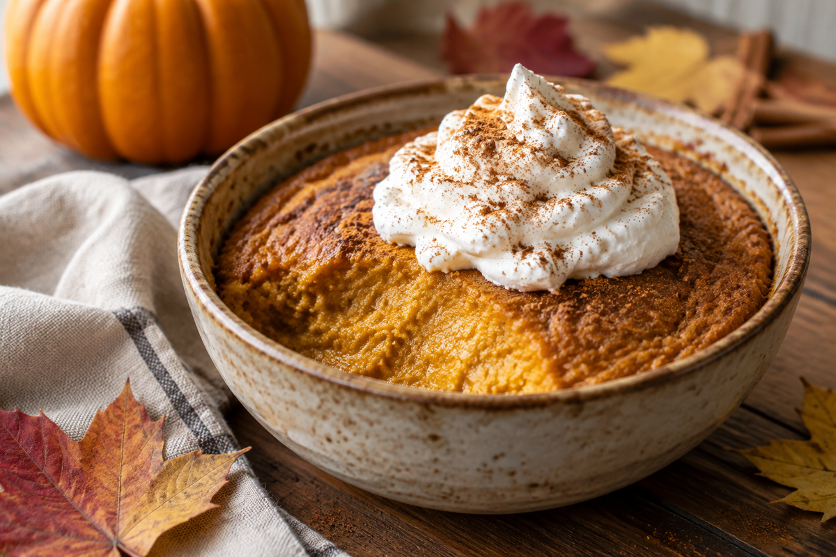 Creamy baked pumpkin pudding topped with whipped cream and cinnamon, a perfect baked pumpkin pudding dessert