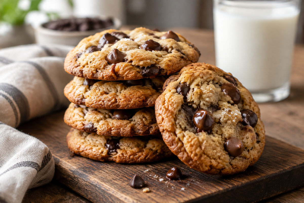 Bakery style chocolate chip cookies stacked on wooden board with melted chocolate chips