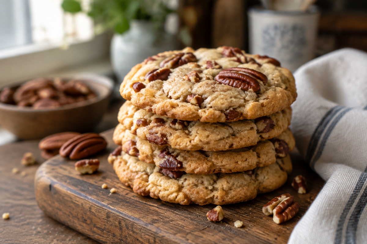 stack of butter pecan cookies that melt in your mouth with visible pecans