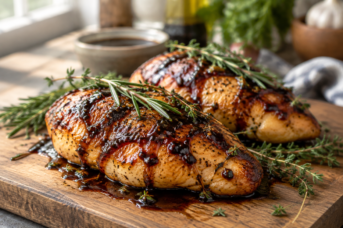 balsamic baked chicken breasts glazed with balsamic reduction and fresh herb garnish
