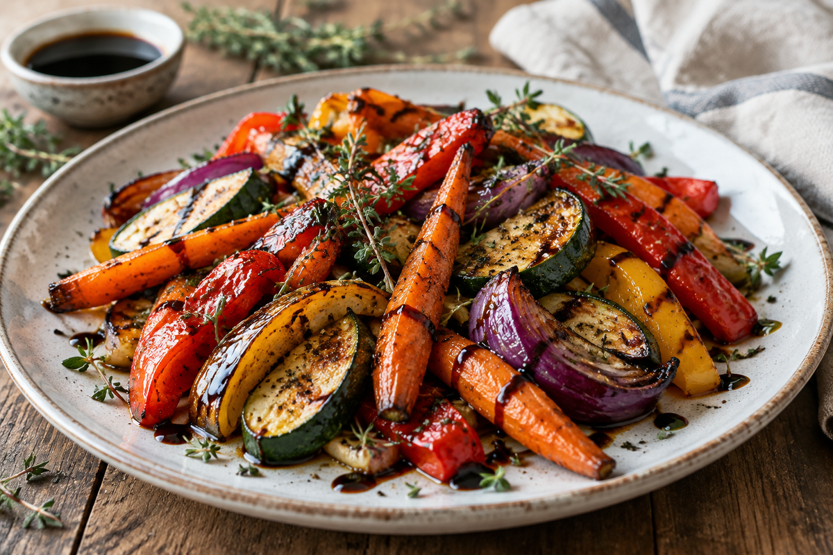 Balsamic glazed roasted vegetables on a plate with fresh thyme garnish, sweet and tangy veggie side
