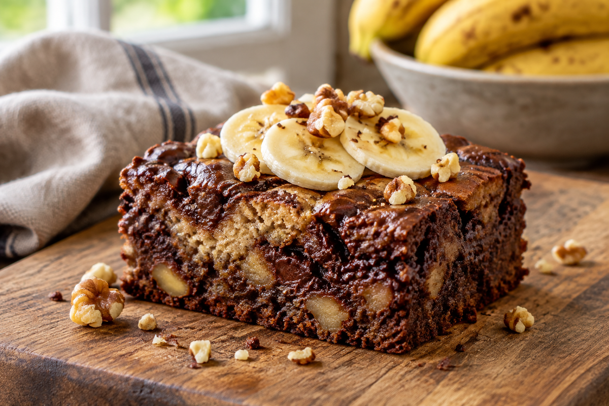 Moist banana bread brownies with chocolate swirl and banana slice garnish, showcasing banana bread brownies