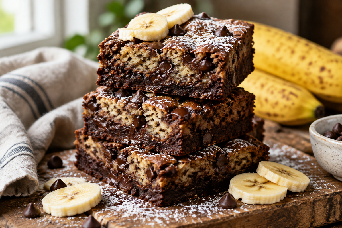 Moist banana bread brownies stacked on wooden board with banana slices, showcasing banana bread brownies dessert