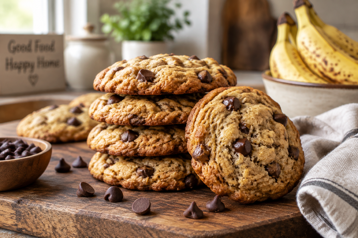 Banana bread chocolate chip cookies stacked on wooden board with chocolate chips, showcasing soft texture