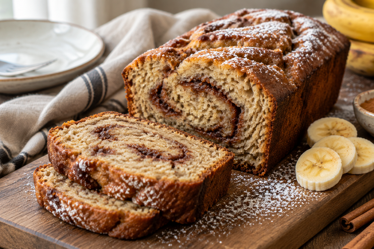 Sliced cinnamon roll banana bread with visible swirl and golden crust on a wooden board, cinnamon roll banana bread