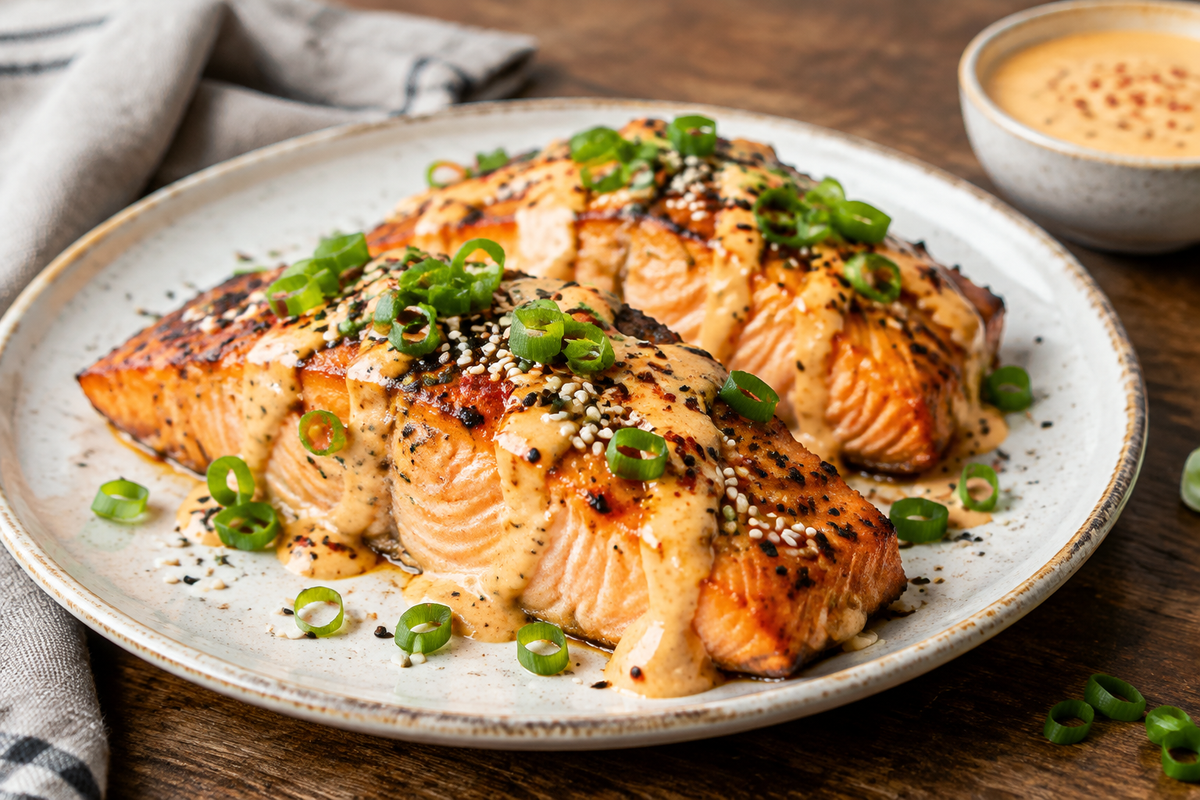Bang Bang Salmon with creamy spicy sauce and green onion garnish, quick easy healthy fish dish