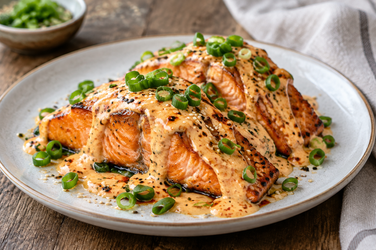 Bang bang salmon baked with creamy spicy sauce and garnished with green onions and sesame seeds
