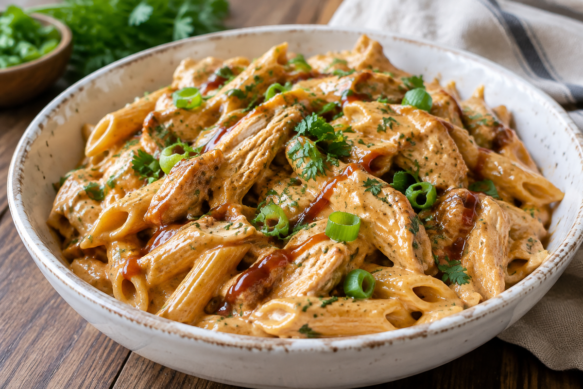 BBQ ranch chicken pasta in a rustic bowl garnished with green onions and parsley