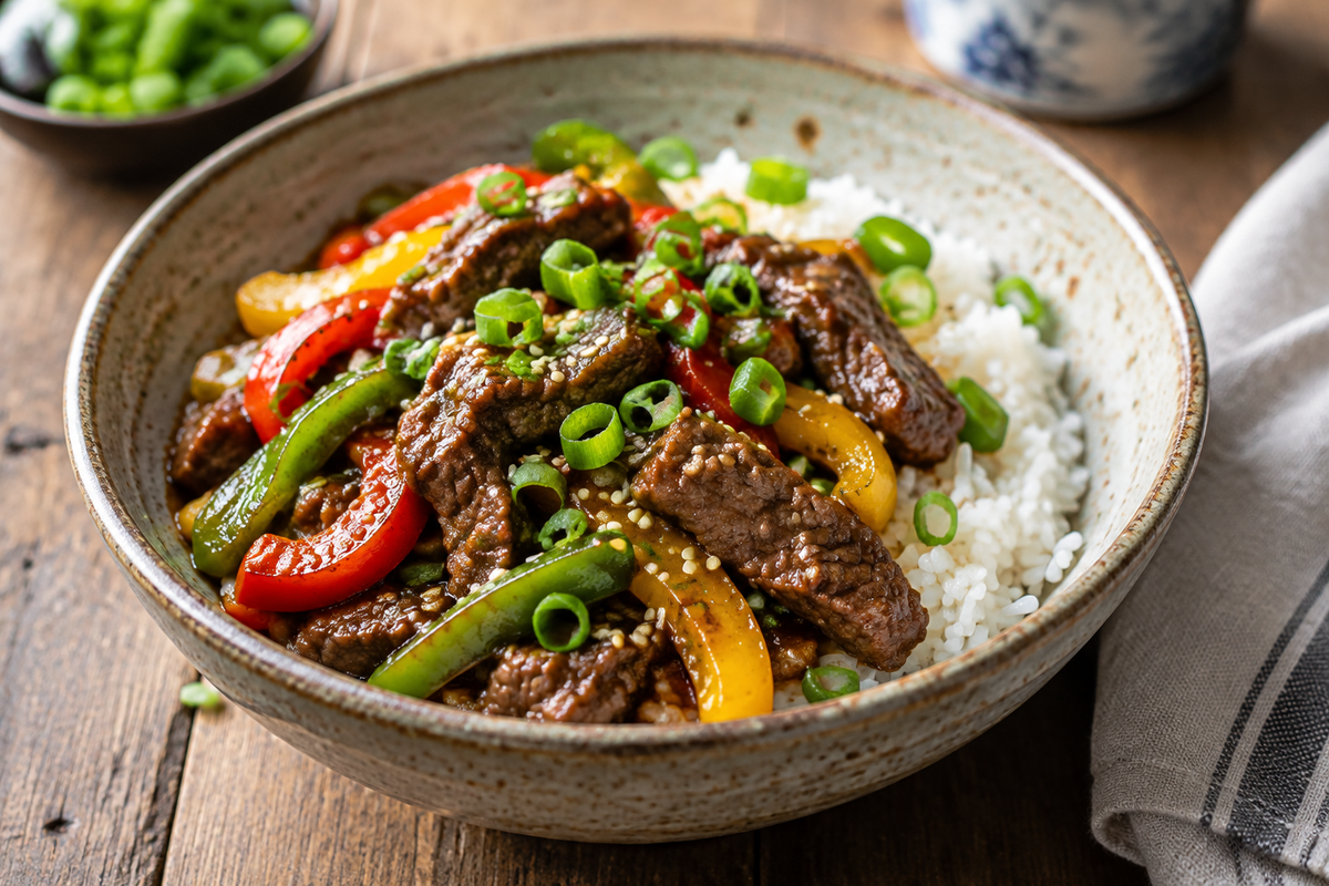 Savory beef pepper rice bowl with colorful bell peppers and white rice