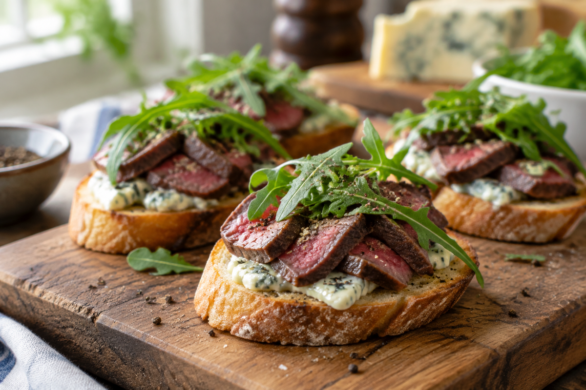 Beef tenderloin crostini topped with creamy gorgonzola cheese and fresh arugula on toasted bread