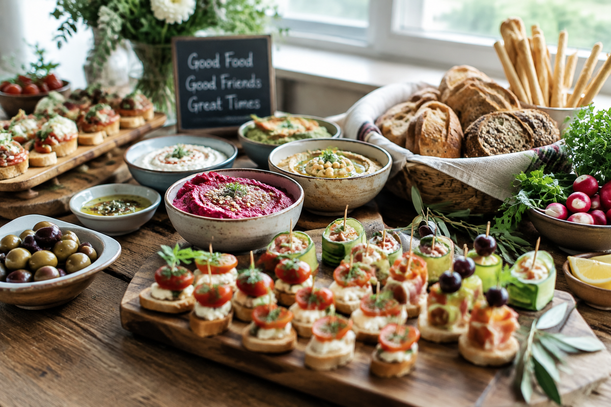 Elegant party food table ideas with a colorful spread of appetizers and garnishes