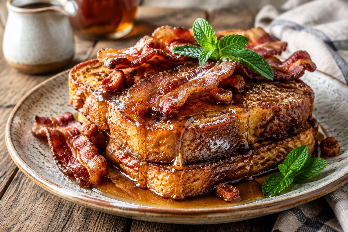 Bourbon maple bacon french toast plated with syrup and crispy bacon garnish