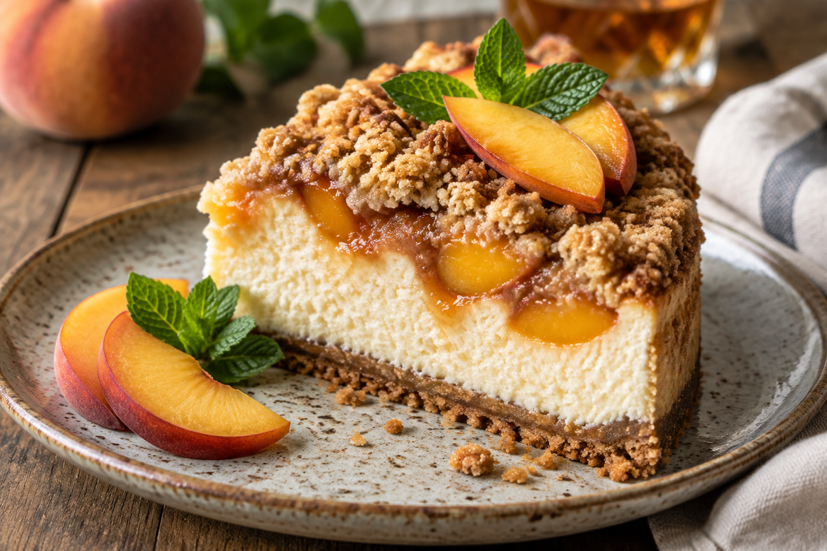 Slice of bourbon peach cheesecake with streusel topping and fresh peach garnish on plate