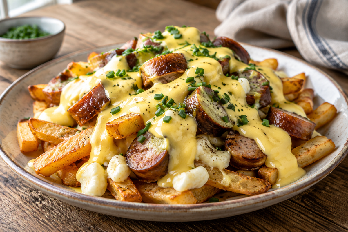 Breakfast poutine hollandaise with crispy fries, sausage, cheese curds, and creamy hollandaise sauce