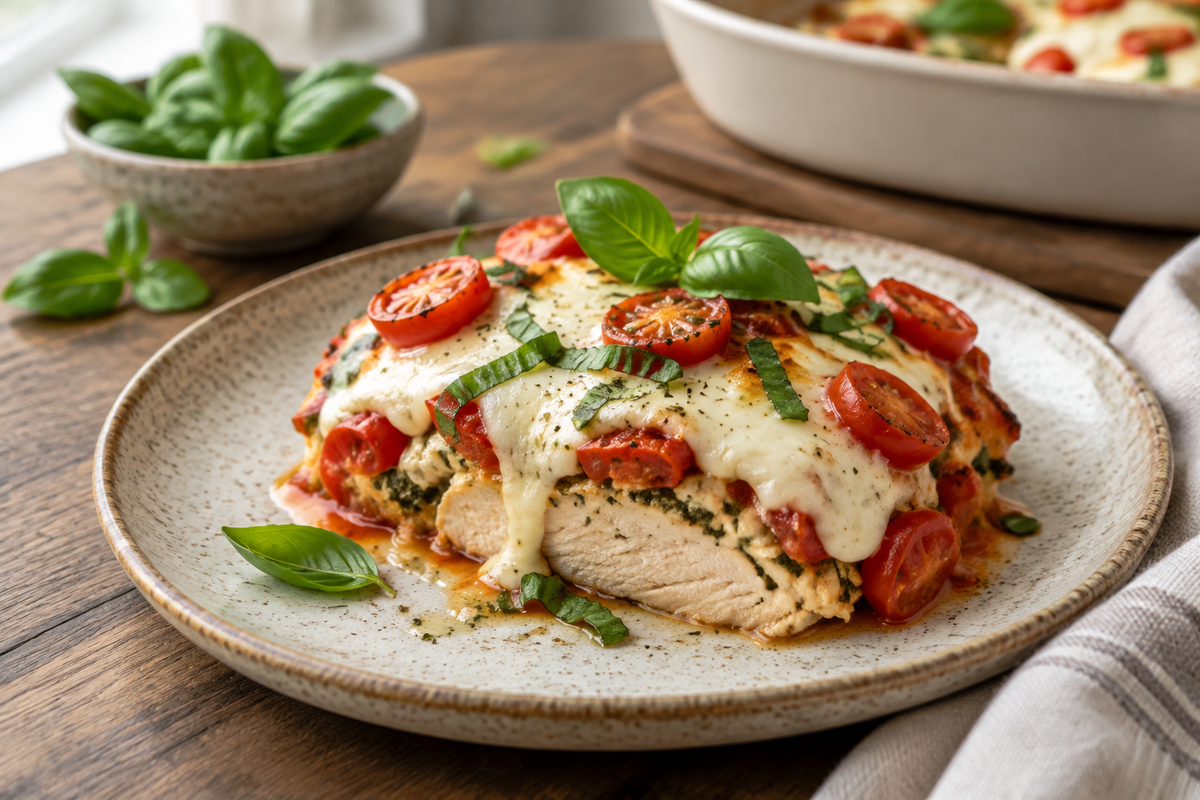 Caprese chicken casserole slice topped with fresh mozzarella, tomatoes, and basil on rustic plate