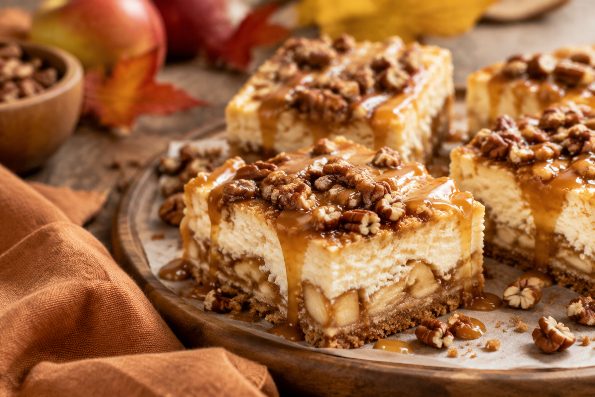 Caramel apple cheesecake bars drizzled with caramel and sprinkled with pecans, showcasing caramel apple cheesecake bars
