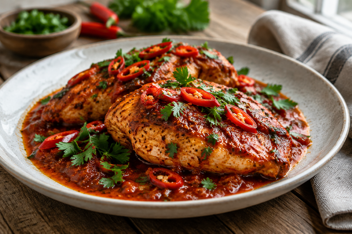 Plate of chicken diablo with fiery red sauce, garnished with parsley and chilies, showcasing chicken diablo dish