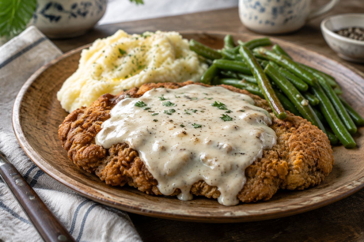 Crispy chicken fried steak topped with creamy gravy served with mashed potatoes and green beans, chicken fried steak