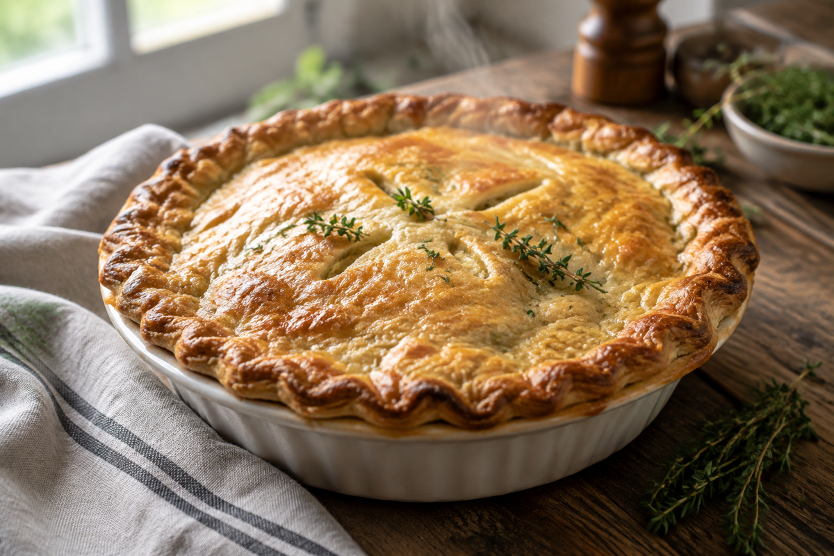 Golden flaky chicken pot pie with creamy filling and fresh thyme garnish, showcasing the best chicken pot pie