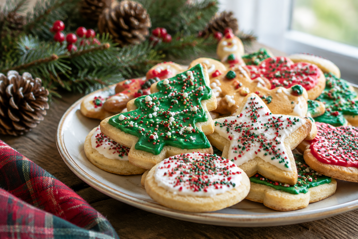 Plate of best Christmas cookies decorated with festive icing and sprinkles in natural light