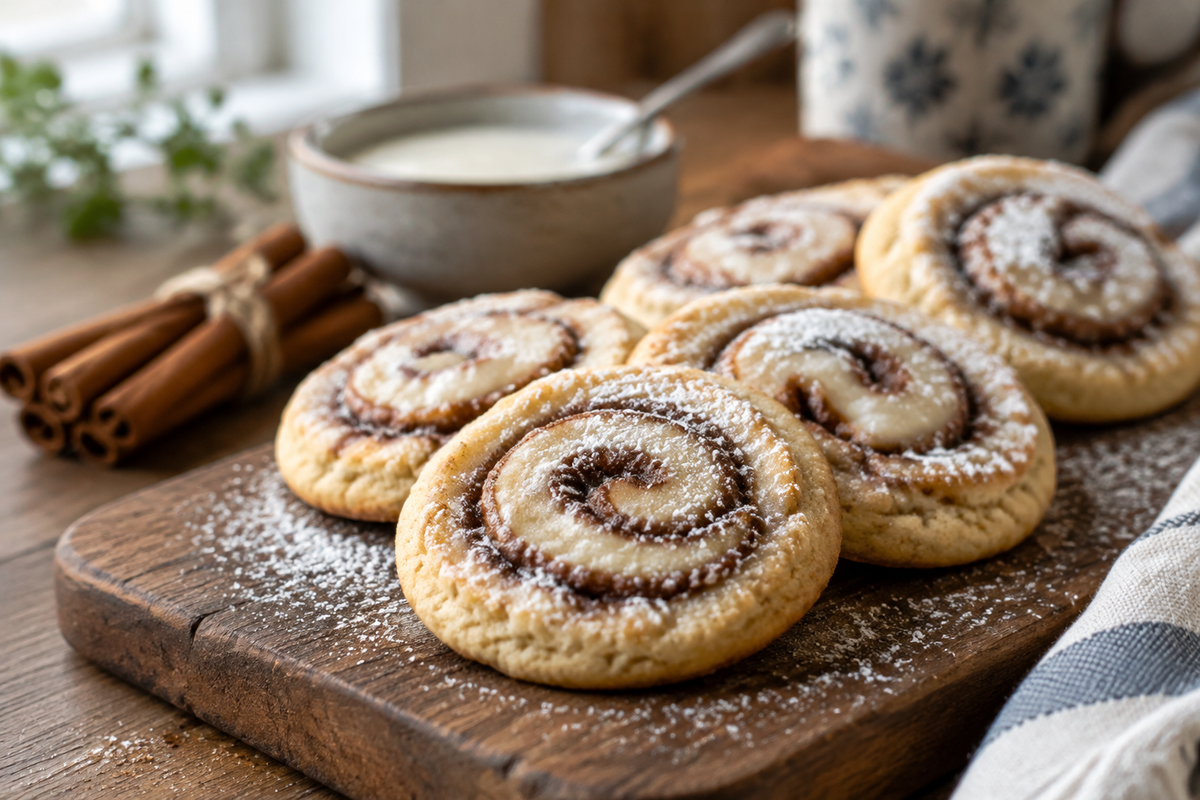 Close-up of best cinnamon roll cookies with glaze and cinnamon sticks on rustic board