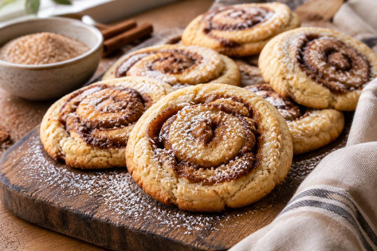 Freshly baked cinnamon roll cookies with gooey cinnamon swirls and powdered sugar, cinnamon roll cookies