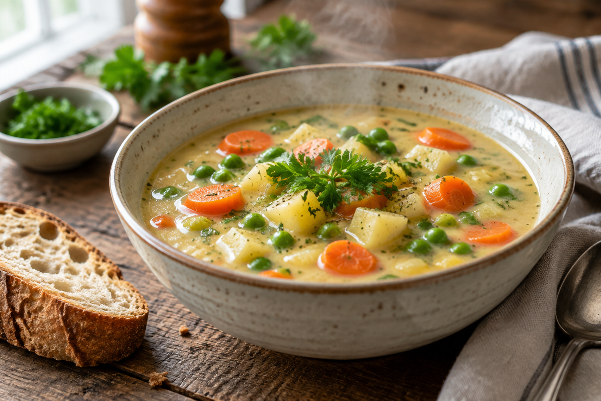 A bowl of creamy vegetable soup with colorful vegetables and parsley garnish, showcasing creamy vegetable soup