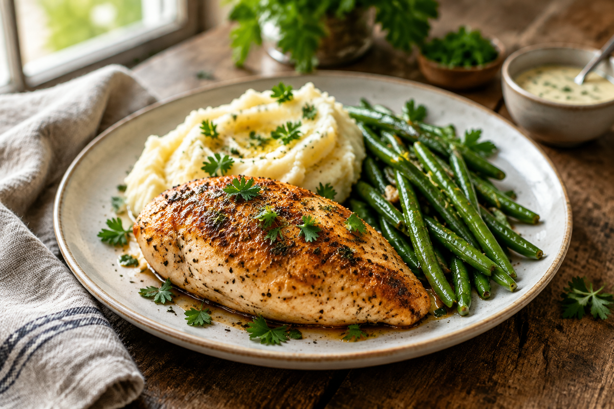 Best dinner recipes plated with roasted chicken, mashed potatoes, and green beans garnished with fresh herbs
