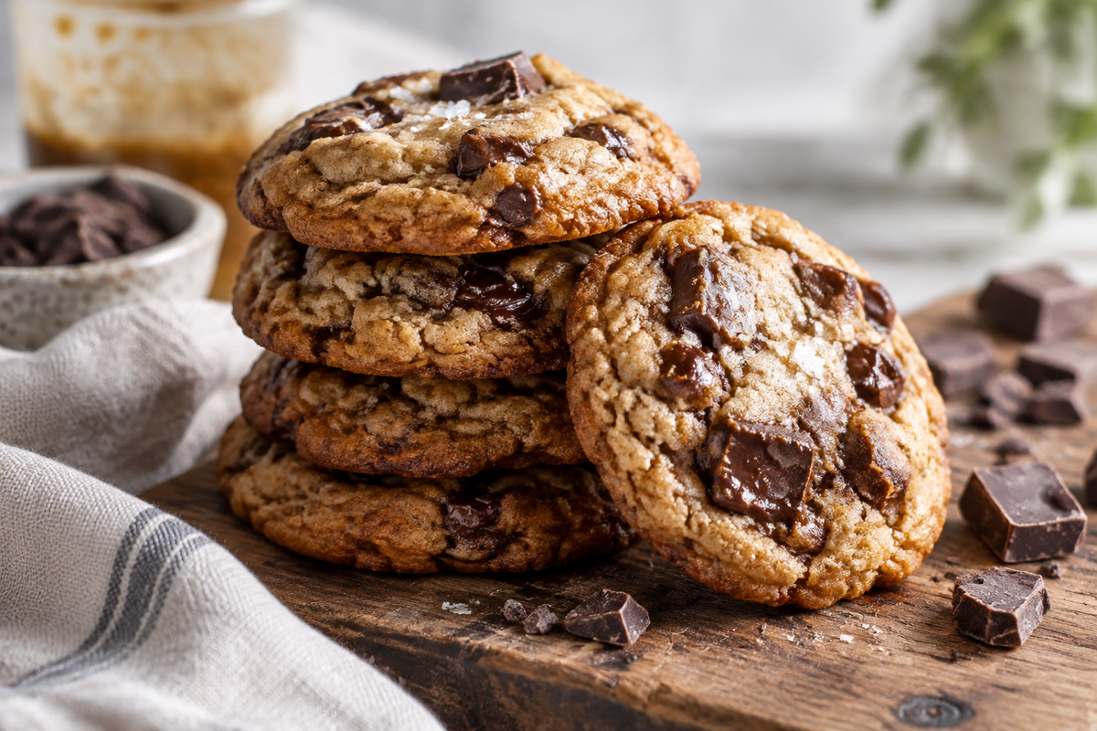 close-up of brown butter cookies with chocolate chunks showing crispy edges and gooey centers