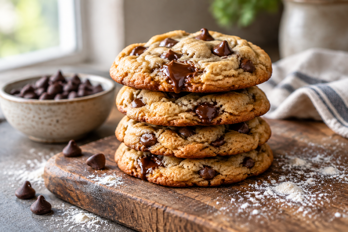 Freshly baked gooey chocolate chip cookies stacked on a rustic wooden board, showcasing soft chocolate chip cookies
