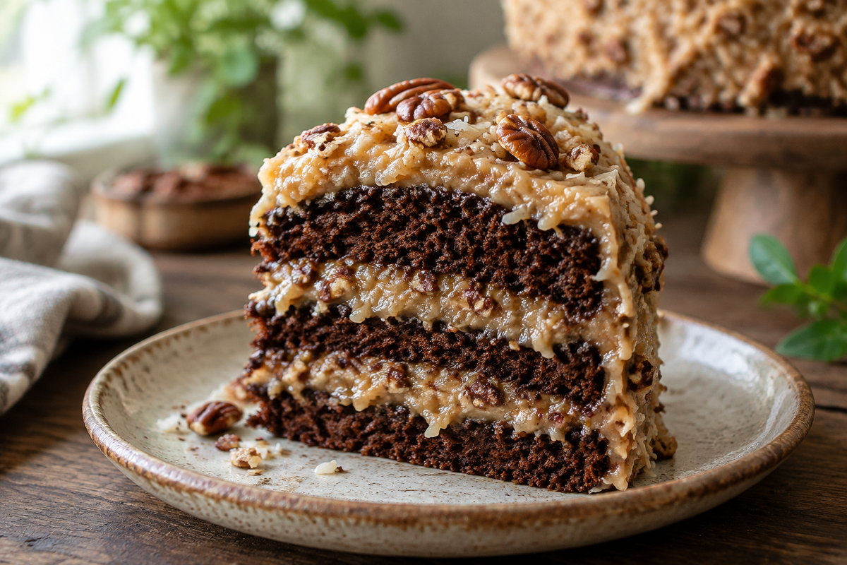 Slice of german chocolate cake with coconut-pecan frosting on rustic plate, rich and decadent dessert