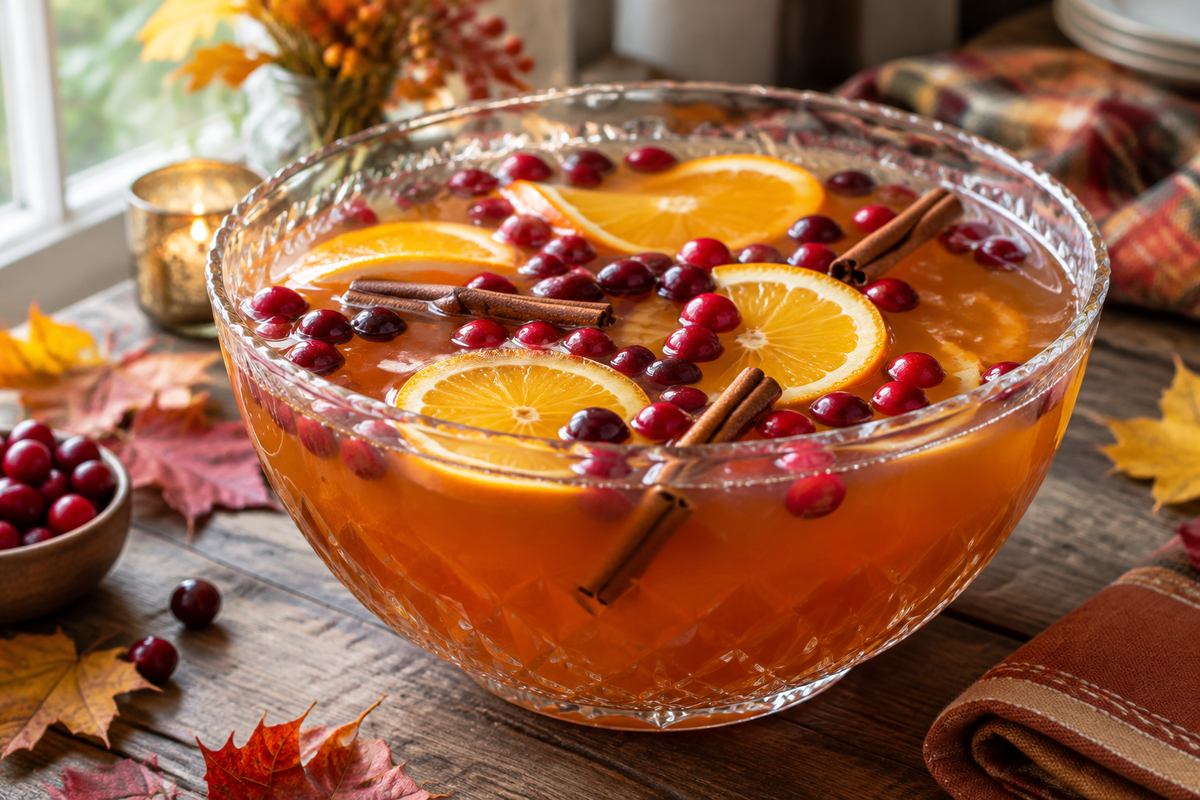 Glass bowl of fall punch recipe garnished with cinnamon sticks and orange slices for parties