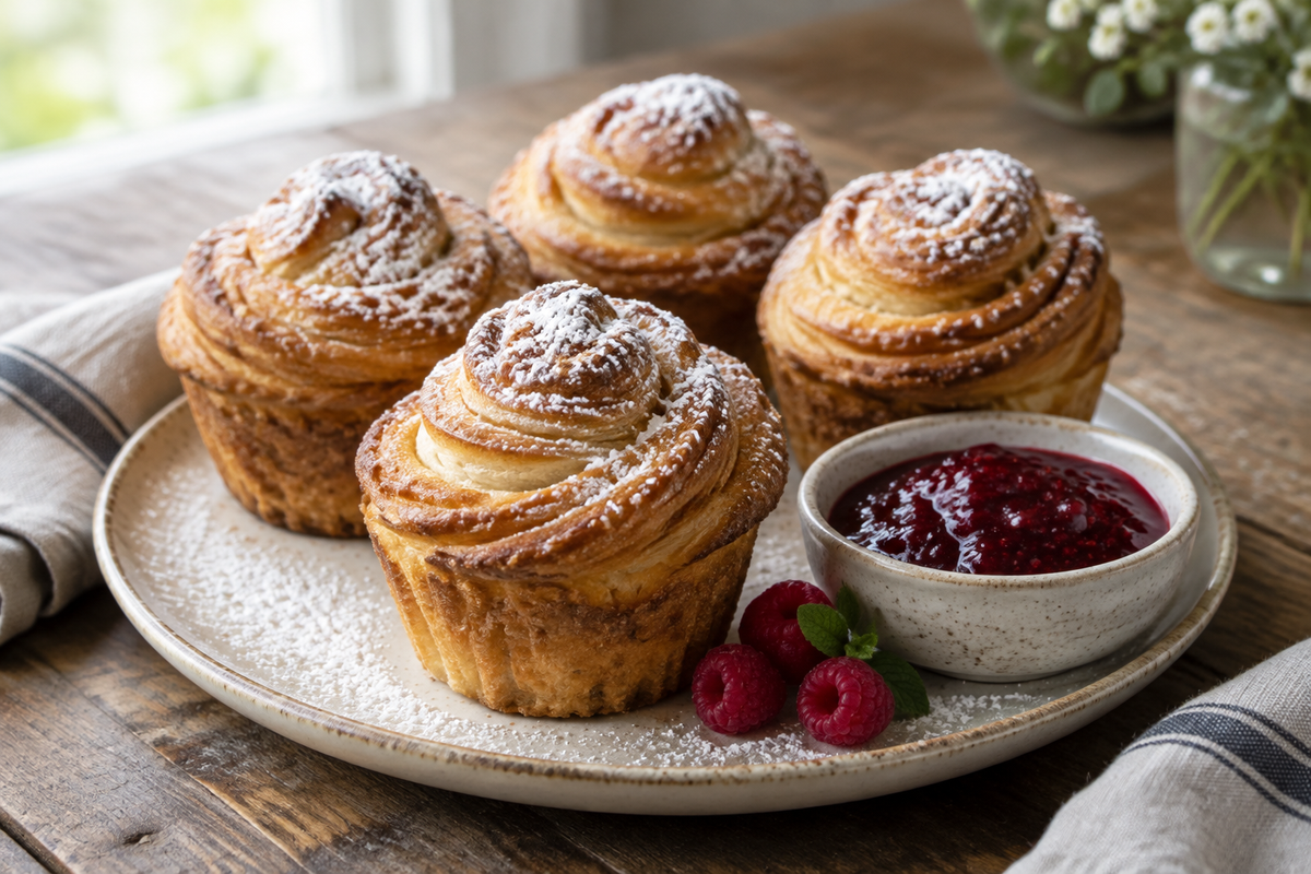 Golden gluten free cruffins with flaky layers and powdered sugar on rustic wooden surface