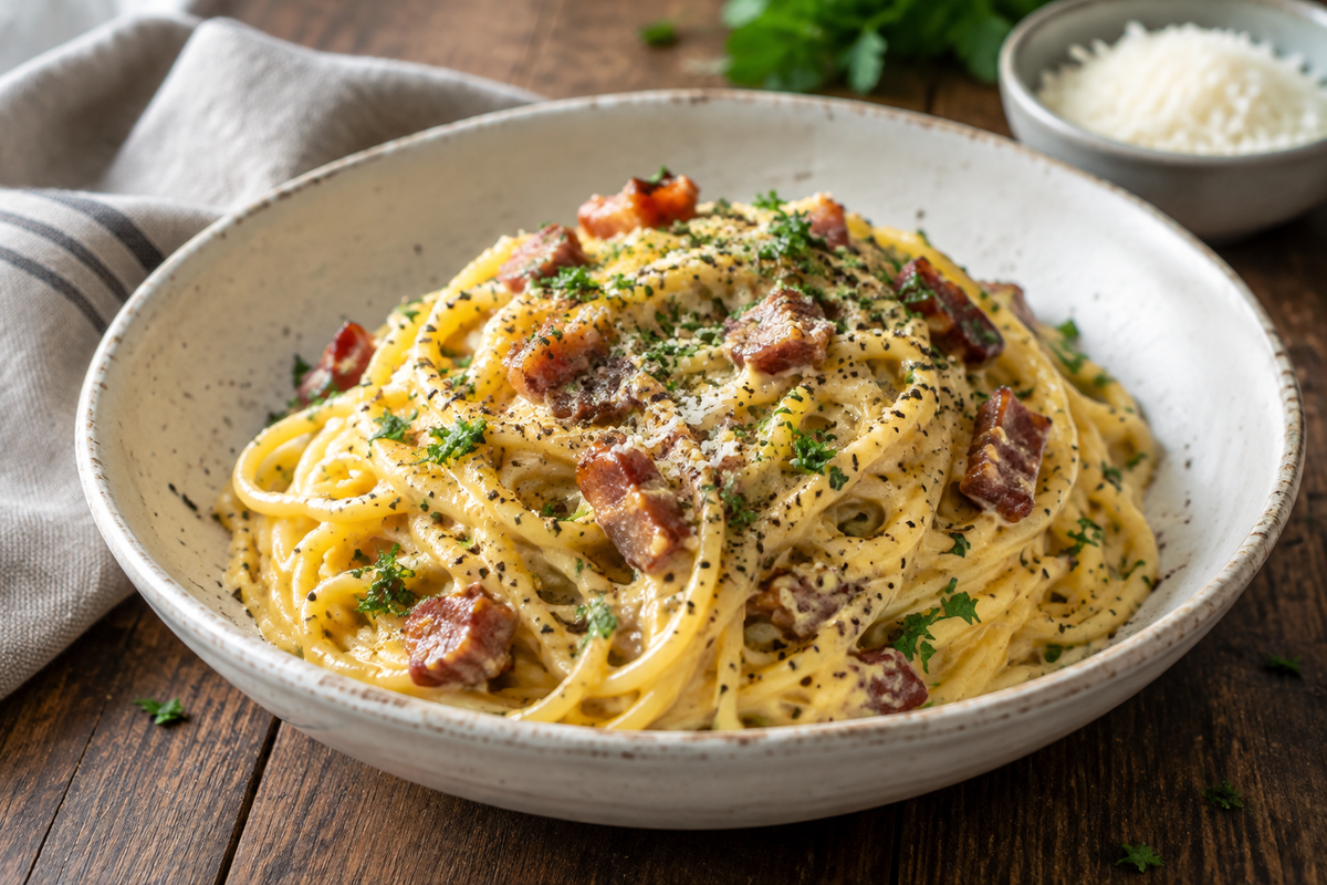 Creamy Gordon Ramsay carbonara pasta garnished with parsley and black pepper
