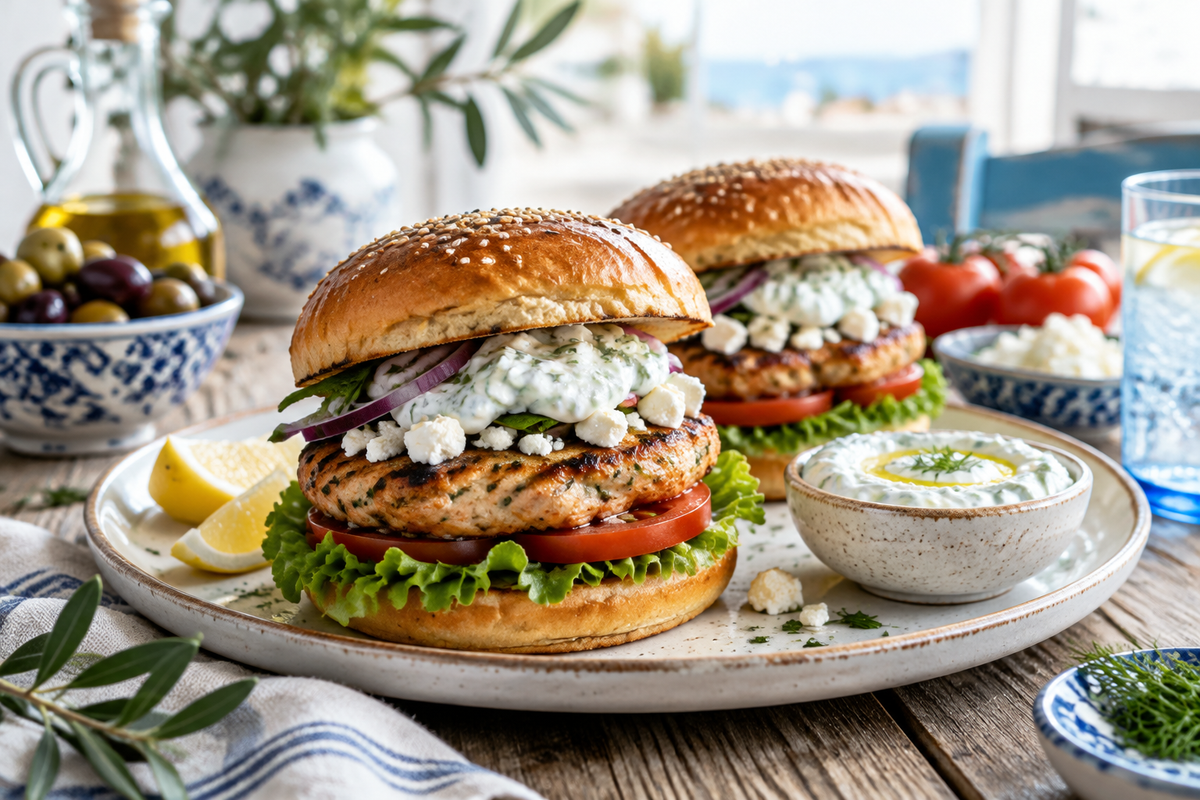 Greek chicken burgers with feta, lettuce, tomato, and tzatziki sauce on toasted buns served on a rustic surface