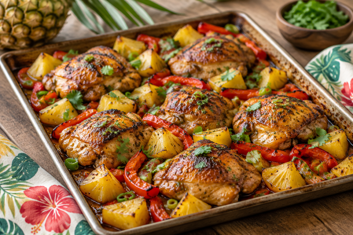Hawaiian chicken sheet pan with roasted chicken, pineapple, and colorful vegetables garnished with cilantro