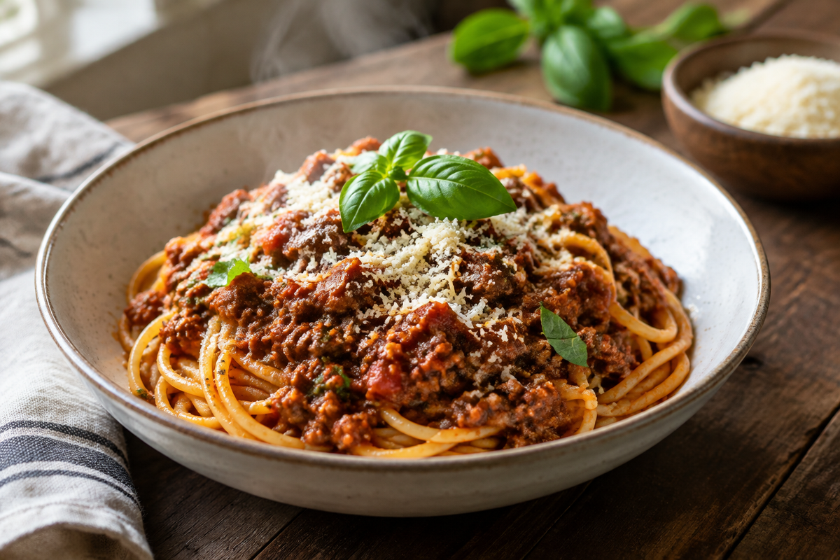 Bowl of spaghetti with rich homemade bolognese pasta sauce garnished with basil and Parmesan