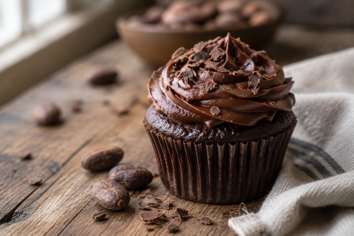 Best homemade chocolate cupcake recipe with glossy chocolate frosting and chocolate shavings
