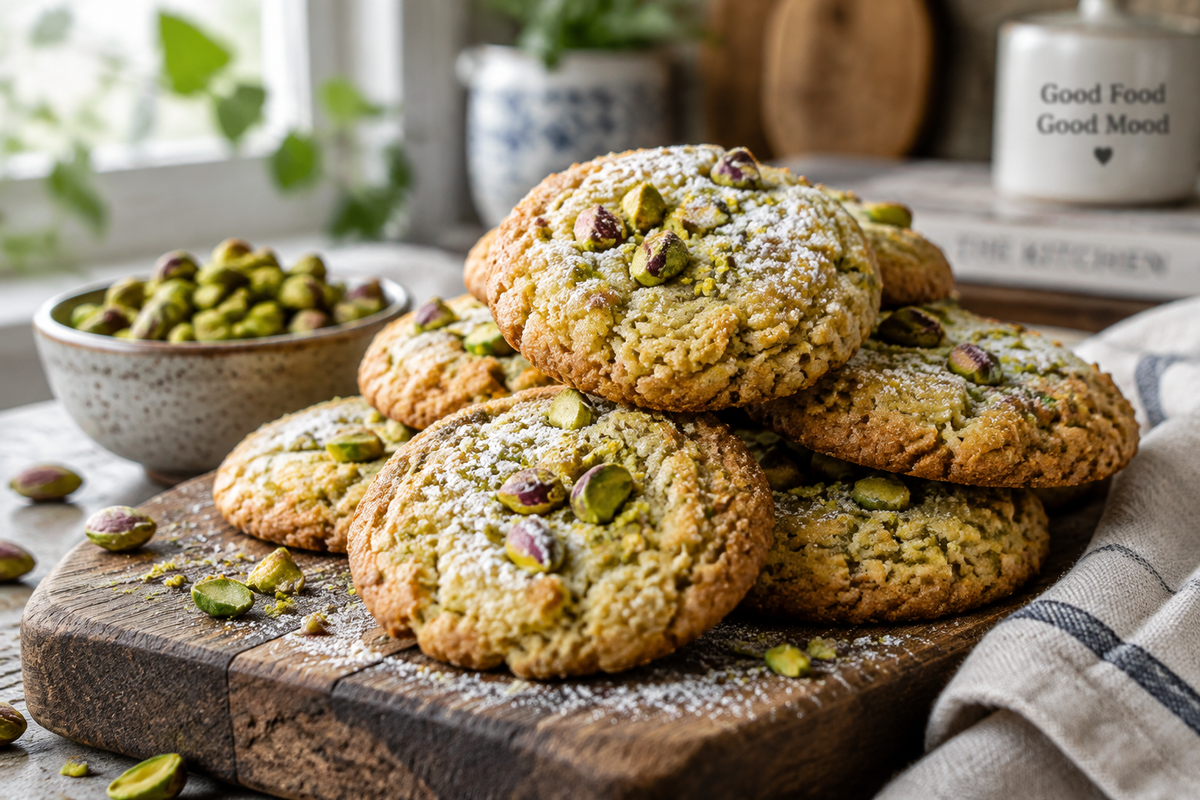 Stack of best homemade pistachio cookies with crushed pistachios, crispy texture visible