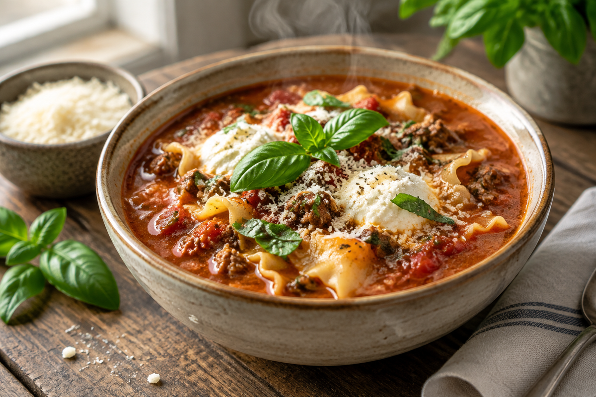 A bowl of best lasagna soup with tomato broth, ground beef, ricotta, and basil garnish
