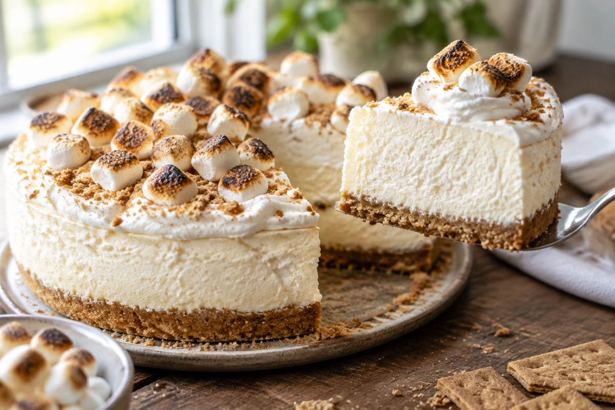 Fluffy marshmallow whip cheesecake with toasted marshmallow garnish and creamy texture