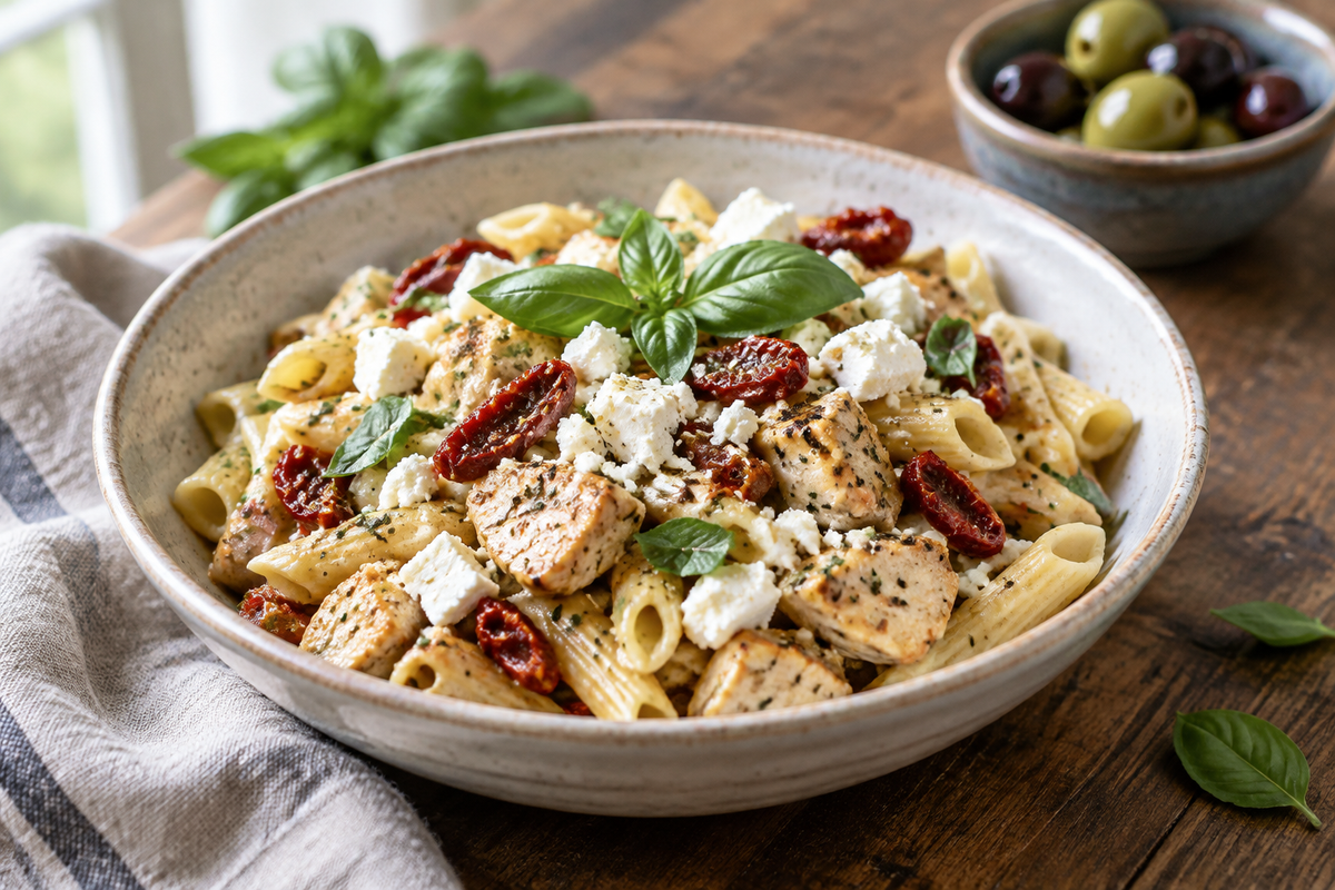 Mediterranean chicken feta pasta with sun-dried tomatoes and fresh basil garnish