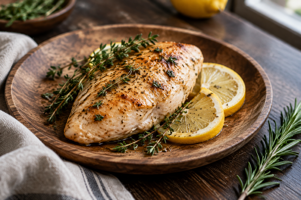 Juicy melt in your mouth chicken breast garnished with fresh thyme and lemon slices