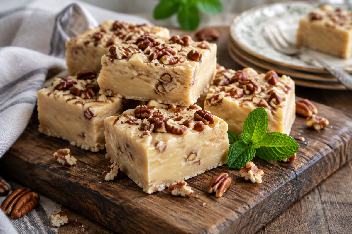 Creamy million dollar fudge squares garnished with pecans, perfect for dinner treats