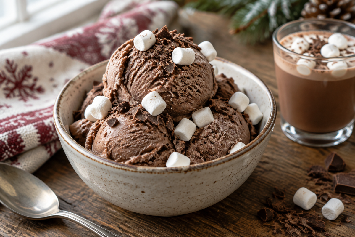 Rich and creamy Ninja Creami frozen hot chocolate ice cream topped with marshmallows and chocolate shavings